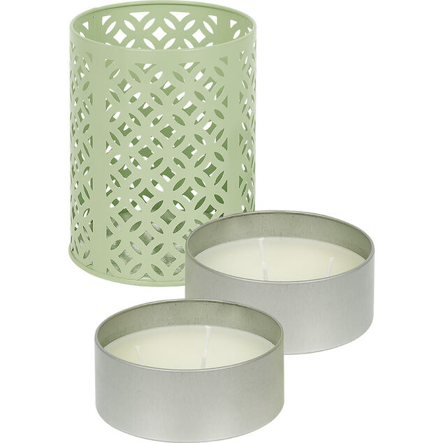 Photophore en métal vert avec 2 bougies à la citronnelle 3 mèches 12H