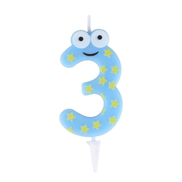 Bougie chiffre 3 cire personnage &eacute;toiles bleu et jaune H8,5cm