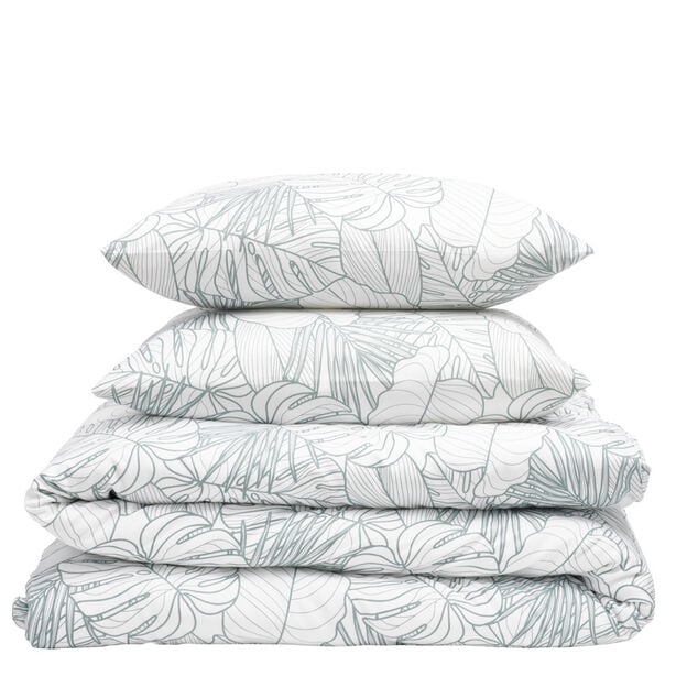 Parure de lit 2 personnes 240x220cm polyester motif feuillage blanc et vert