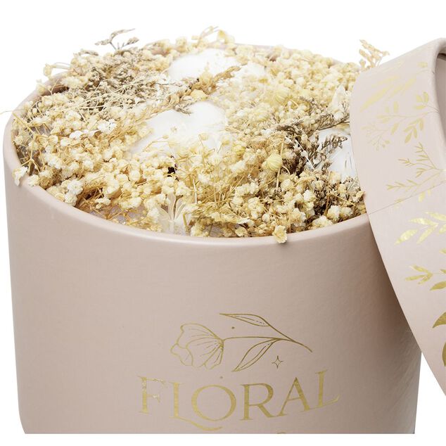 Fleur s&eacute;ch&eacute;es dans bo&icirc;te ronde rose dor&eacute;