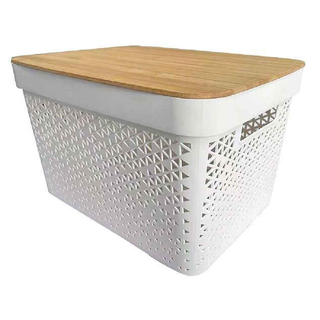 Pani&egrave;re de rangement blanche avec couvercle en bambou grand mod&egrave;le
