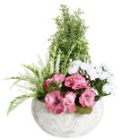 Vasque fleurs artificielles buis/boutons de roses/lys/pens&eacute;es/bruy&egrave;re &Oslash;35xH36cm