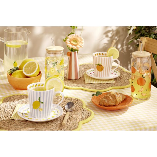 Mug c&eacute;ramique motif fruit orange bayad&egrave;re rayures color&eacute;es &Oslash;8,5xH9cm (2 mod&egrave;les)