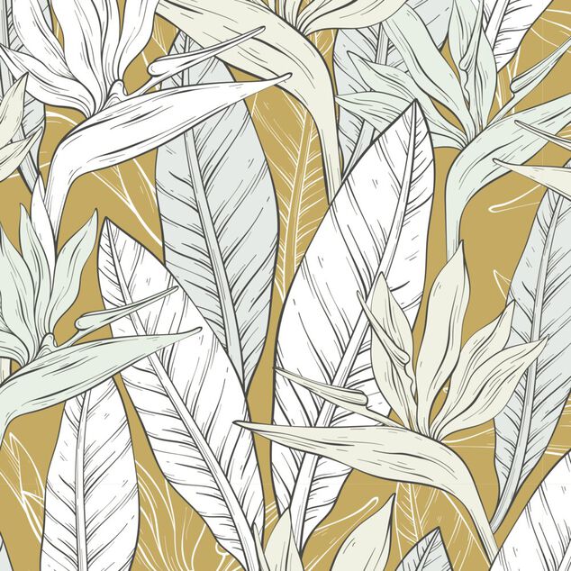 Nappe ronde tissu motif feuillage jaune curry et blanc Ø160cm