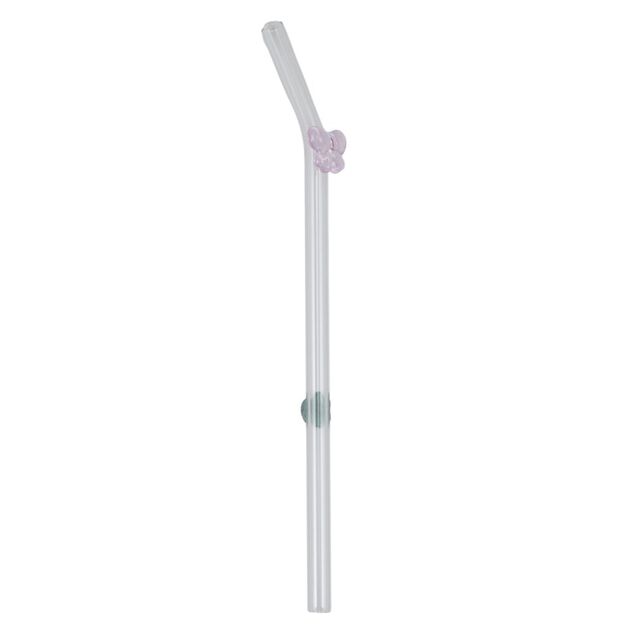 Paille en verre x4 r&eacute;utilisable d&eacute;cor noeud rose avec brosse goupillon L20cm