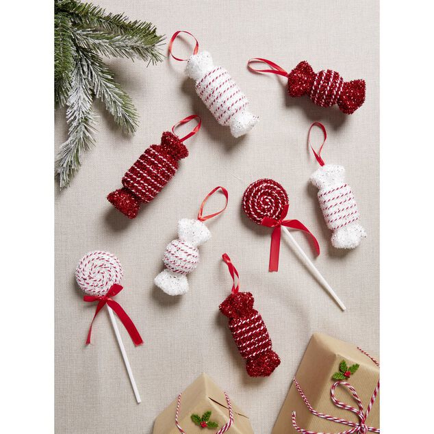 Kit décoration sapin de Noël forme bonbon rouge et blanc pailleté 8 pièces