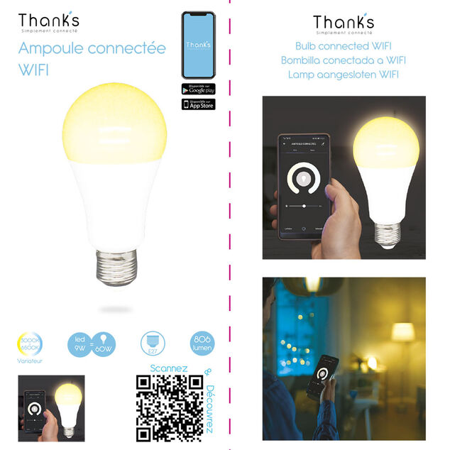Ampoule LED connect&eacute;e blanc ajustable E27 60 W
