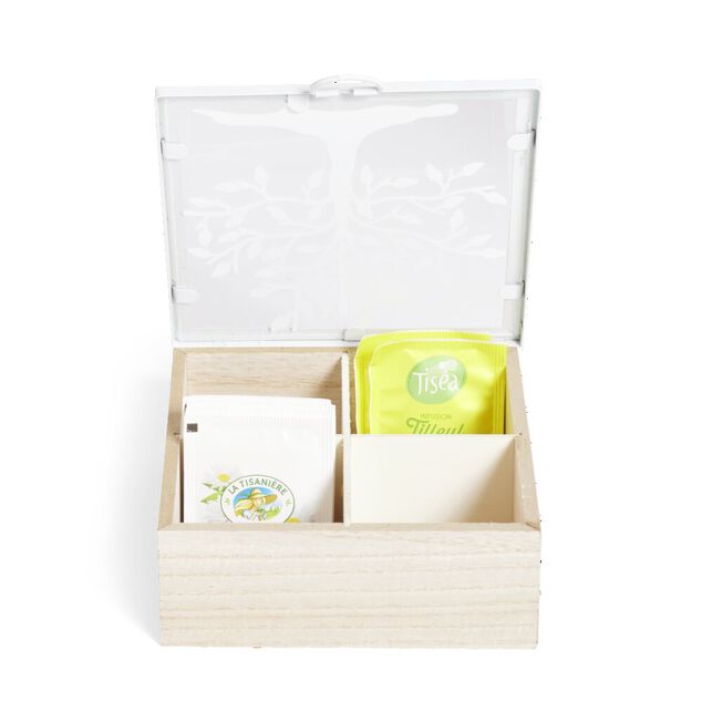 Boîte bois et métal beige et blanc motif arbre 16x16x6cm