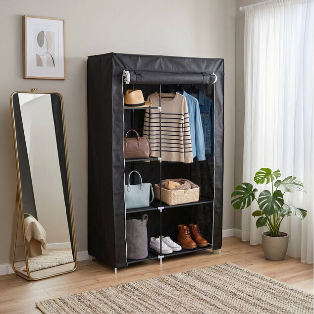 Armoire dressing tissu 1 penderie 6 cases noire 105x45xH165,5cm