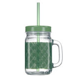 Gobelet en verre imprim&eacute; avec poign&eacute;e paille et couvercle 480ml