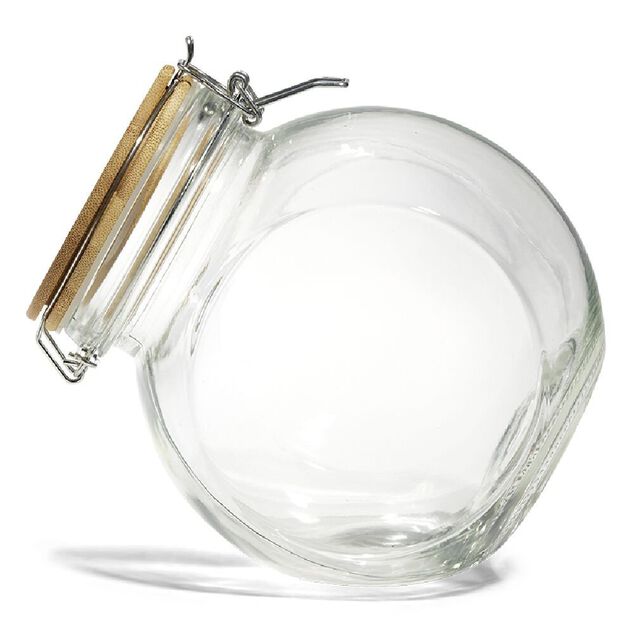 Bocal verre transparent 1,6L avec couvercle bambou et clip en fer