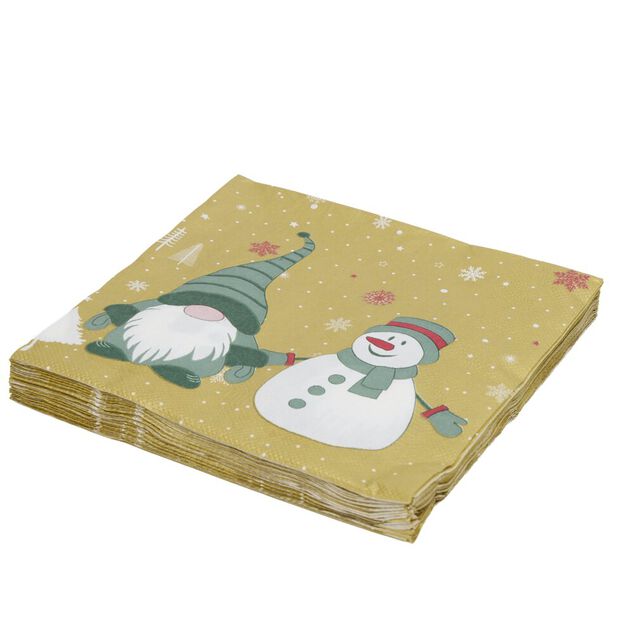 Serviette en papier 4 plis X20 pcs imprim&eacute; bonhomme de neige et lutin de No&euml;l 33X33 cm dor&eacute;
