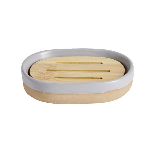 Porte savon bois et c&eacute;ramique bleue 8x12,5cm