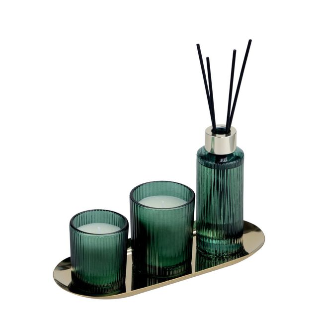 Coffret senteur bougie x2 avec diffuseur 100ml et plateau m&eacute;tal dor&eacute; (3 mod&egrave;les)