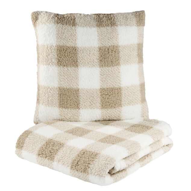 Coussin carr&eacute; L45X45 cm et plaid L160X130 cm motif assorti polyester (3 mod&egrave;les rouge/beige/vert)