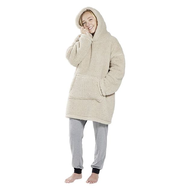 Pull plaid adulte polaire &agrave; capuche - beige ou blanc