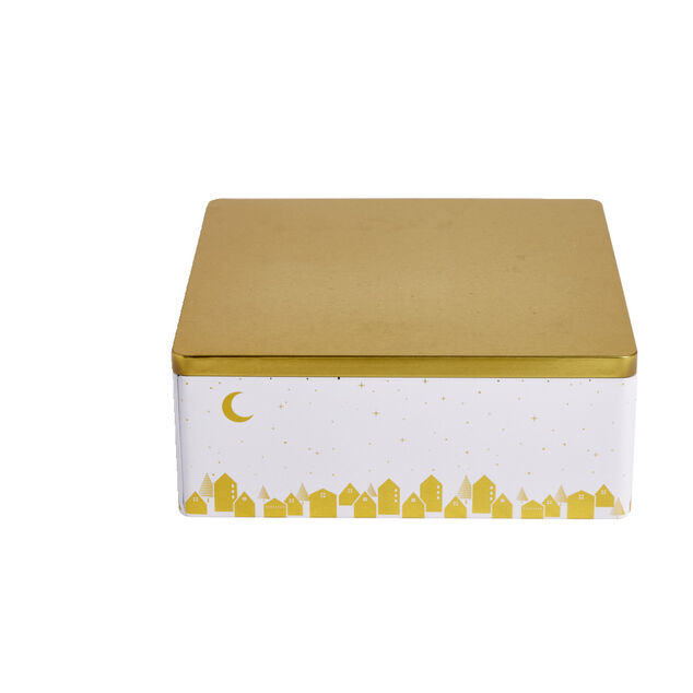 Bo&icirc;te alimentaire carr&eacute; en fer d&eacute;cor dor&eacute; 26x26xH10cm