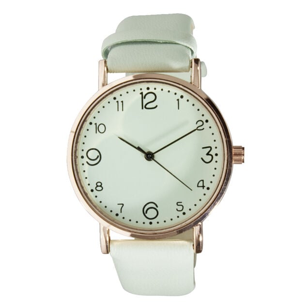 Montre femme cadran rond acier dor&eacute; bracelet simili &Oslash;3,5xH23cm (4 mod&egrave;les)