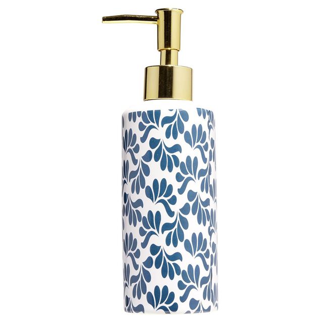Distributeur de savon c&eacute;ramique motif v&eacute;g&eacute;tal blanc et bleu &Oslash;6xH15cm
