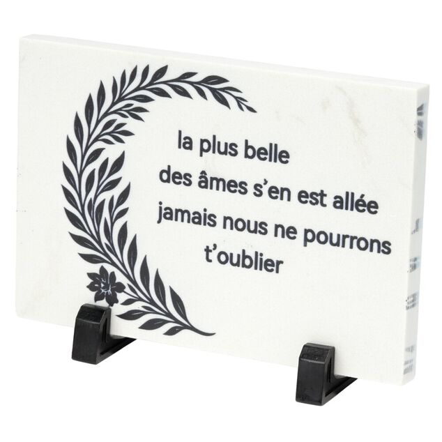 Plaque fun&eacute;raire inscription et d&eacute;co branche granit et pied m&eacute;tal 18x8,5xH12,5cm