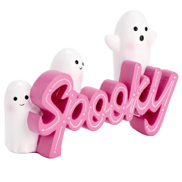 D&eacute;coration Halloween fant&ocirc;mes mignons spooky r&eacute;sine rose et blanc 10x15cm