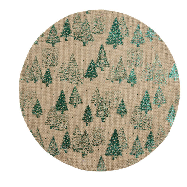Set de table rond en jute naturel motifs sapins verts &Oslash;38cm