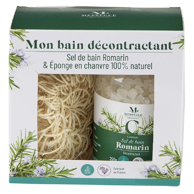 Coffret Mess&eacute;gu&eacute; sel de bain romarin et &eacute;ponge chanvre 100% naturel