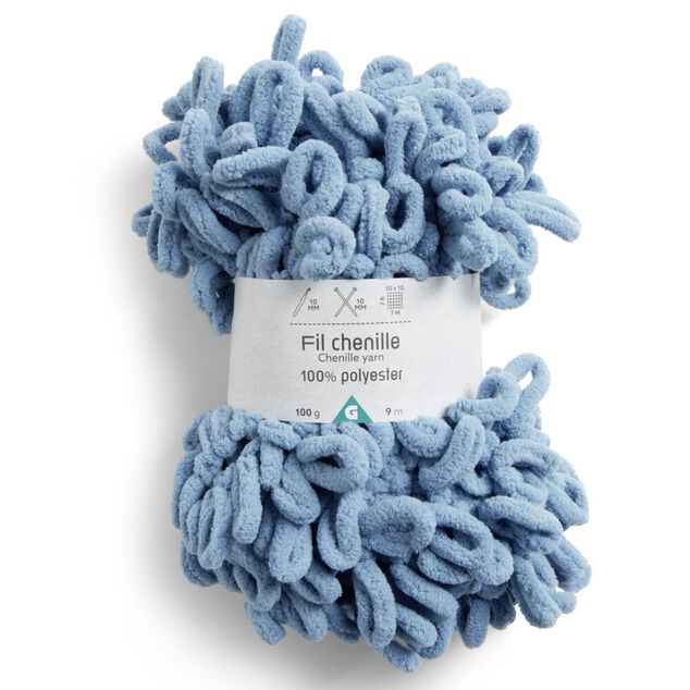 Pelote fil &agrave; tricoter 9m effet chenille polyester bleu canard 100g