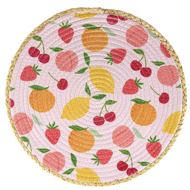Set de table rond coton et paille fruits rose Ø35cm