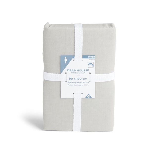 Drap housse 90x190cm 100% coton gris clair