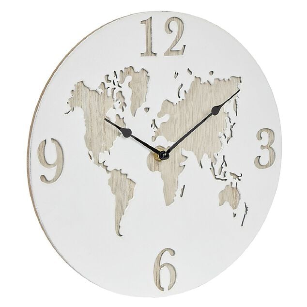 Horloge ronde design planisphère effet bois blanc naturel Ø30 cm