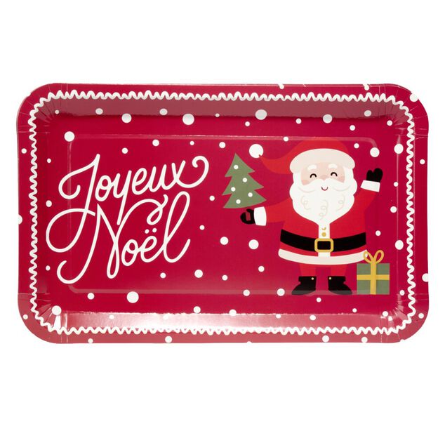 Plateau rectangulaire inscription Joyeux No&euml;l et P&egrave;re No&euml;l L30X19XH1,5 cm papier rouge