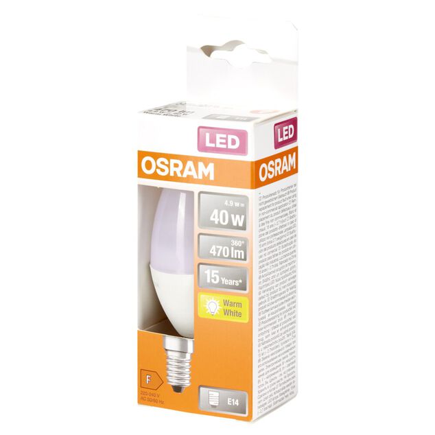 Ampoule LED E14 C35 blanc chaud Osram 4,9W=40W 470lms classe F