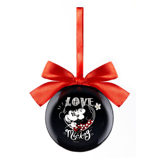 Boule de No&euml;l Disney Mickey et Minnie avec noeud rouge et noir