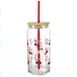 Gobelet en verre motif cerise avec paille et couvercle bambou 600ml