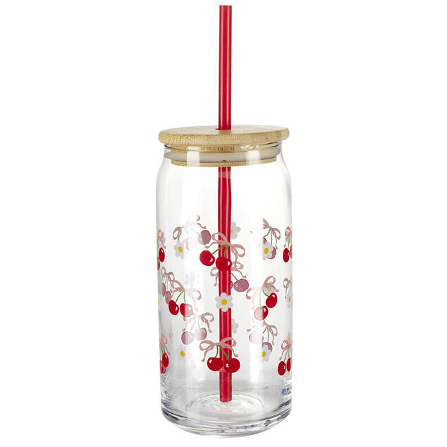 Gobelet en verre motif cerise avec paille et couvercle bambou 600ml