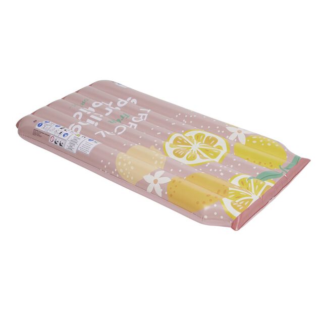 Matelas gonflable piscine Tropical Fresh motif citron rose et jaune 90x180cm