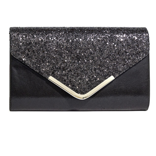 Sac pochette de soirée satiné et pailleté 24x5,6xH14cm - 2 modèles noir ou doré