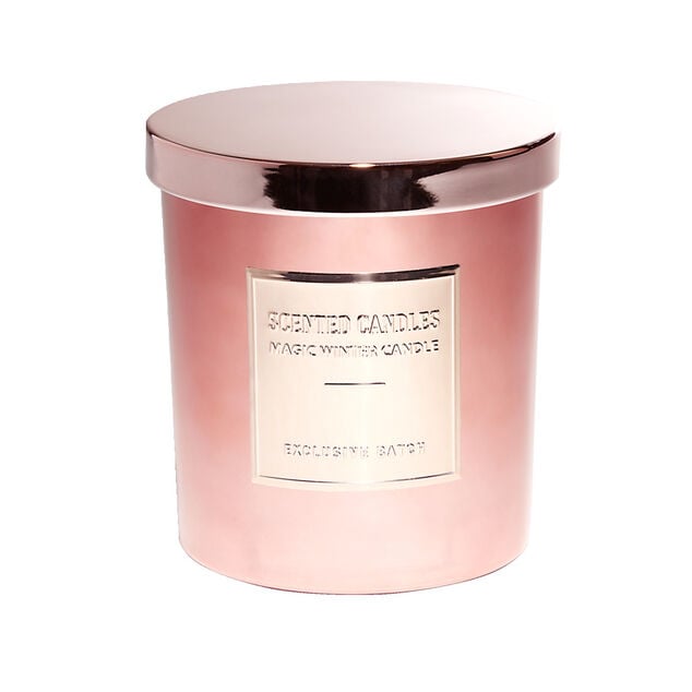 Bougie avec couvercle pot m&eacute;tallis&eacute; rose gold senteur pain d'&eacute;pices 25H
