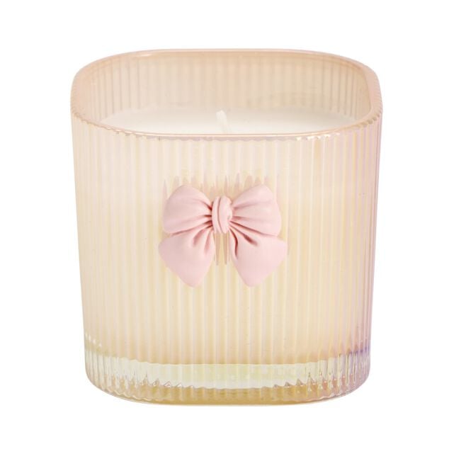 Bougie pot en verre stri&eacute; avec noeud d&eacute;coratif 7x7xH6,5cm (2 mod&egrave;les blanc ou rose)
