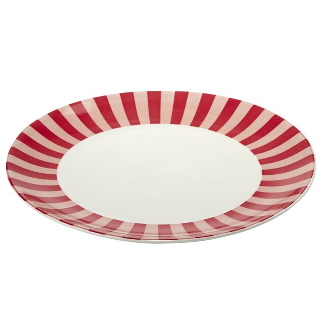 Assiette plate porcelaine motifs noeud et rayures blancs et rouges &Oslash;26,5cm