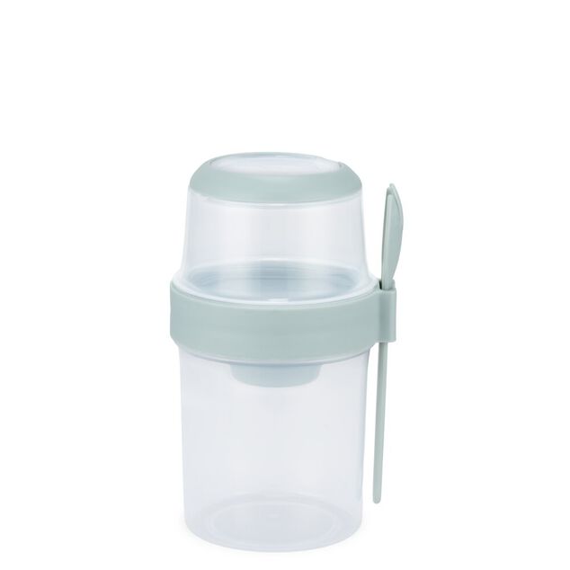 Bo&icirc;te alimentaire ronde 530ml avec cuill&egrave;re et compartiment plastique &Oslash;11xH18cm (2 mod&egrave;les)