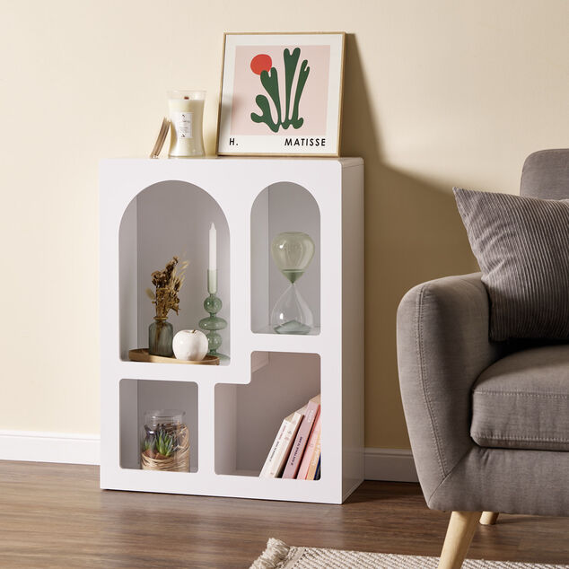 Mini meuble d&eacute;coratif blanc avec 4 niches arrondies 60x24xH80cm