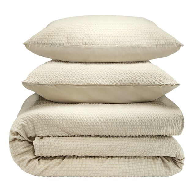 Parure de lit 2 personnes 220x240cm beige finition bouton 3 pi&egrave;ces