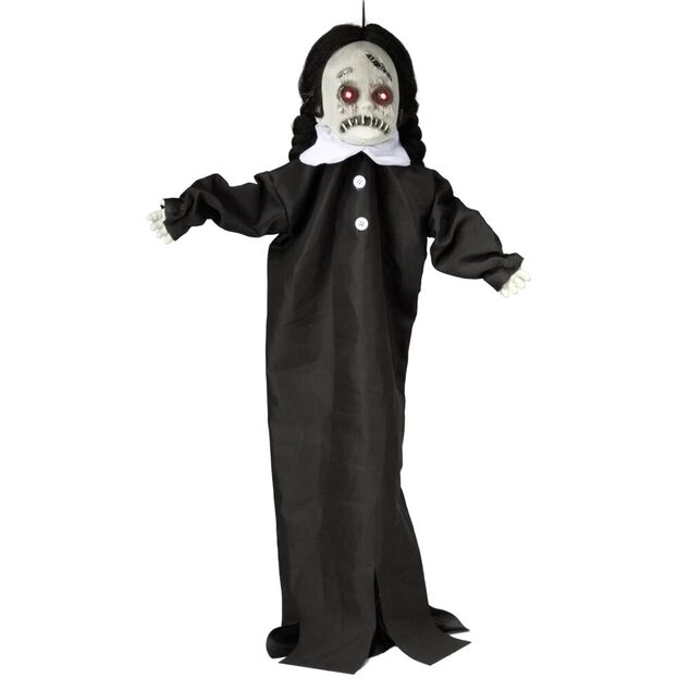 D&eacute;coration Halloween &agrave; suspendre poup&eacute;e cicatrice son et lumi&egrave;re noir yeux rouges H90cm