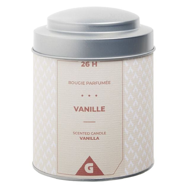 Bougie parfum&eacute;e dans pot m&eacute;tal gris et ivoire senteur vanille 26H