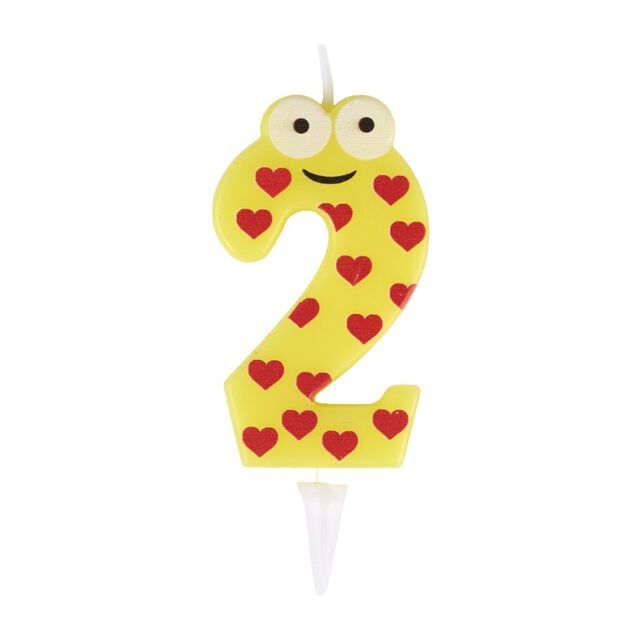 Bougie chiffre 2 cire personnage coeurs jaune et rouge H8,5cm