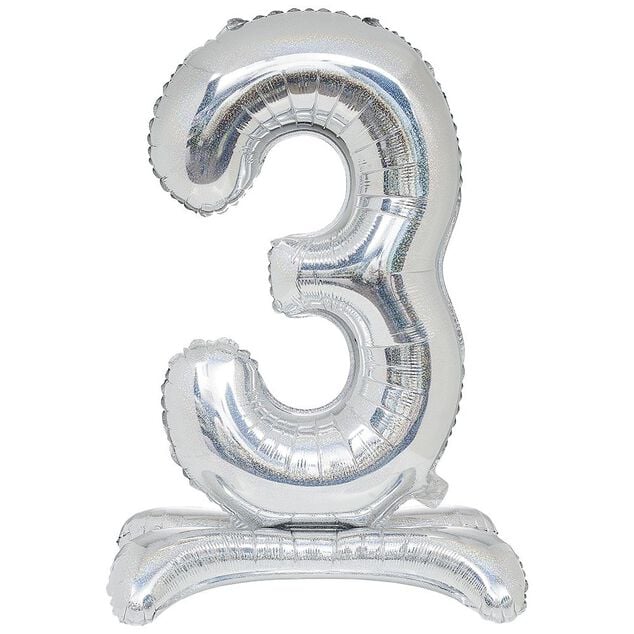 Ballon chiffre 3 dor&eacute; ou argent&eacute; H80 cm avec support