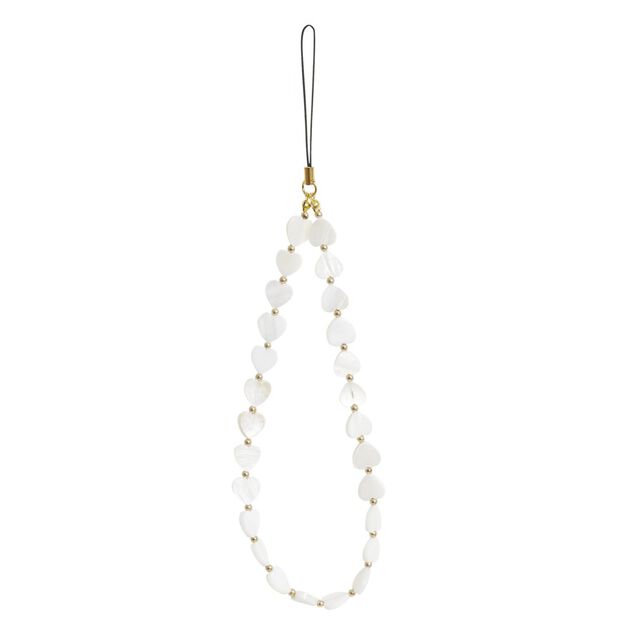 Bracelet cha&icirc;ne de t&eacute;l&eacute;phone perle forme coeur blanc L13,5cm