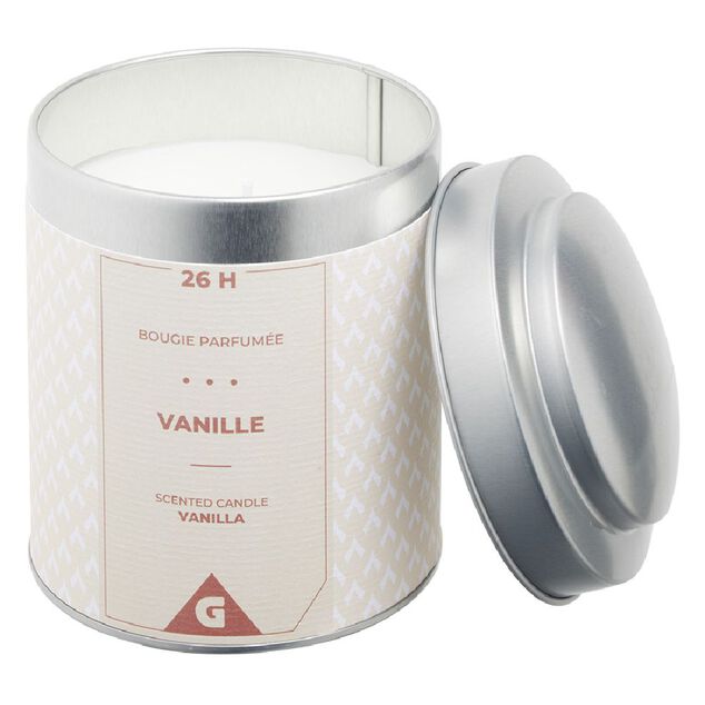Bougie parfum&eacute;e dans pot m&eacute;tal gris et ivoire senteur vanille 26H